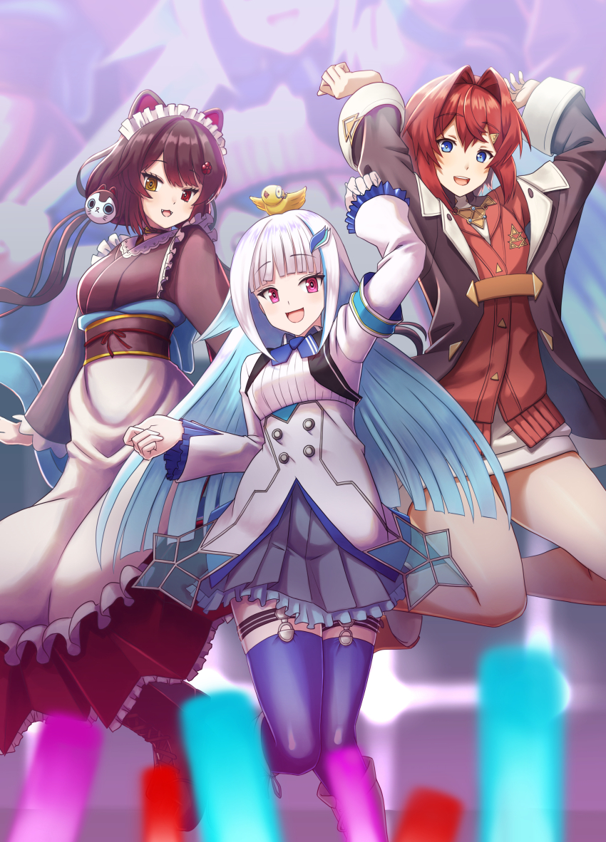 3girls :3 :d absurdres ange_katrina ange_katrina_(1st_costume) animal animal_ears animal_hair_ornament animal_on_head ankle_boots apron arm_up armband arms_up bare_legs bird bird_on_head blue_armband blue_eyes blue_hair blue_neckerchief blue_skirt blue_thighhighs blunt_bangs blunt_ends blurry blurry_foreground boots breasts brown_boots brown_coat brown_collar brown_hair brown_kimono brown_sash buttons cardigan coat collar colored_inner_hair commentary commentary_request dog_ears dog_girl double-breasted dress english_commentary fangs flat_chest floating_hair flower frilled_apron frilled_skirt frilled_sleeves frills glowstick hair_flower hair_intakes hair_ornament heterochromia high-waist_skirt highres inui_toko inui_toko_(1st_costume) japanese_clothes jumping kimono lace-up_boots legwear_garter lize_helesta lize_helesta_(1st_costume) long_hair long_skirt long_sleeves looking_at_viewer low_twintails maid maid_headdress medium_breasts medium_hair miniskirt mixed-language_commentary monocle multicolored_hair multiple_girls neckerchief nijisanji obi obiage obijime on_head open_mouth penlight_(glowstick) pleated_skirt purple_eyes raised_eyebrows red_cardigan red_eyes red_hair red_skirt sanbaka_(nijisanji) sash sebastian_piyodore shirt shirt_tucked_in short_dress shrug_(clothing) sidelocks skirt small_breasts smile stage streaked_hair t_k teeth thighhighs triangle_hair_ornament twintails two-tone_hair upper_teeth_only very_long_hair virtual_youtuber wa_maid waist_apron white_apron white_dress white_hair white_headdress white_shirt white_shrug white_skirt yellow_bird yellow_eyes zettai_ryouiki zoom_layer