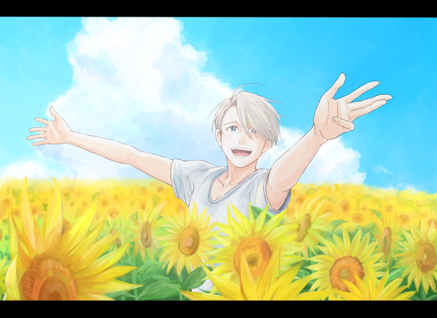 1boy :d blue_eyes blue_sky cloud day flower letterboxed male_focus open_mouth outstretched_arms shirt silver_hair sky smile spread_arms sunflower t-shirt takeshi_(mononohu20) upper_body viktor_nikiforov yuri!!!_on_ice