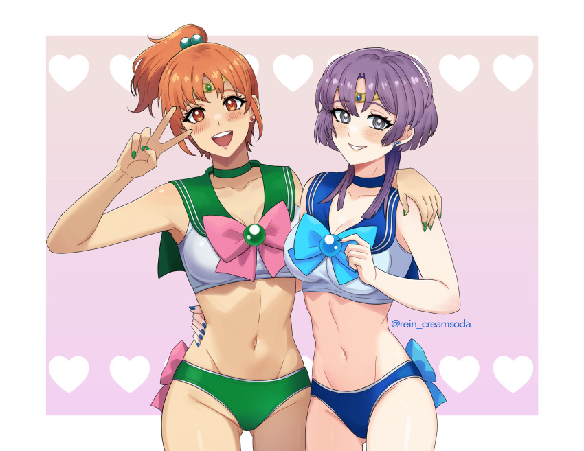 2girls :d absurdres alternate_costume alternate_hairstyle arm_around_shoulder arm_around_waist bernadetta_von_varley bernadetta_von_varley_(timeskip) bishoujo_senshi_sailor_moon blue_bow blue_nails blue_panties blush bow bra breasts choker cleavage collarbone cosplay earrings fire_emblem fire_emblem:_three_houses green_nails green_panties grin hair_bobbles hair_bow hair_ornament heart heart_background highres jewelry large_breasts leonie_pinelli long_hair looking_at_viewer multiple_girls navel nintendo open_mouth orange_eyes orange_hair panties pink_bow ponytail purple_background purple_eyes purple_hair rein_creamsoda sailor_jupiter sailor_jupiter_(cosplay) sailor_mercury sailor_mercury_(cosplay) sailor_moon_narikiri_bra_set short_hair sidelocks smile teeth tiara underwear v waist_bow white_bra