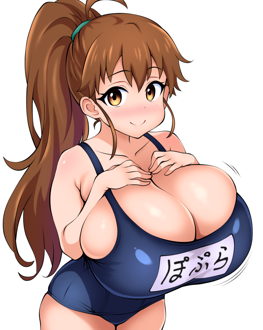 1girl amurabito1 bare_arms bare_shoulders blue_one-piece_swimsuit blush breasts brown_eyes brown_hair bursting_breasts cleavage closed_mouth collarbone cowboy_shot flipped_hair hair_between_eyes hands_on_own_chest hands_up high_ponytail highres huge_breasts long_hair looking_at_viewer name_tag nose_blush one-piece_swimsuit ponytail school_swimsuit sidelocks simple_background smile solo swimsuit taneshima_popura white_background working!!