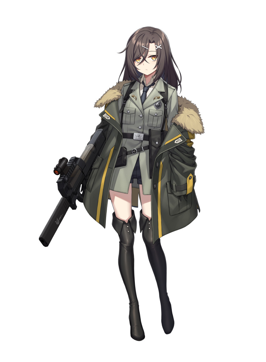 1girl absurdres alpha_transparency black_boots boots breast_pocket brown_hair christina_brecht counter:side full_body gun hair_between_eyes hair_ornament hairclip highres holding holding_gun holding_weapon long_hair necktie official_art pocket shorts solo tachi-e transparent_background weapon x_hair_ornament yellow_eyes