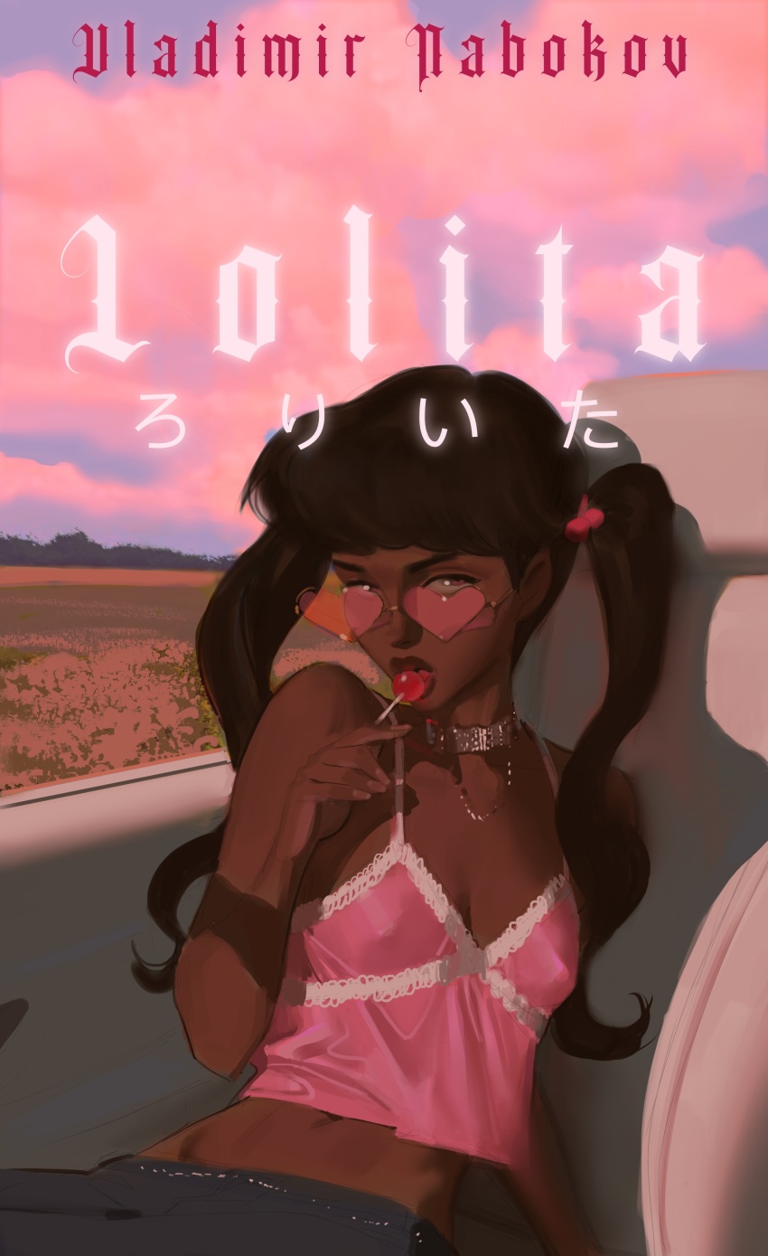 1girl absurdres black_hair black_pants breasts brown_eyes brown_lips camisole candy car_interior choker cloud cloudy_sky commentary cover cover_page covered_erect_nipples dark-skinned_female dark_skin dolores_haze_(nabokov&#039;s_lolita) dusk english_commentary english_text fake_cover fingernails food hair_bobbles hair_ornament heart heart-shaped_eyewear highres holding holding_candy holding_food holding_lollipop lacryboy light-skinned_palms lolita_(1962) lollipop long_hair looking_at_viewer midriff mixed-language_commentary naughty_face navel pants pink-framed_eyewear pink_camisole pink_clouds sexually_suggestive sitting sky small_breasts solo spaghetti_strap sunglasses twintails very_dark_skin