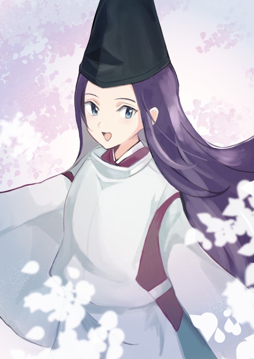 1boy :d absurdres bad_id bad_pixiv_id bishounen black_hat blue_eyes blush cherry_blossoms fujiwara_no_sai hat highres hikaru_no_go japanese_clothes kariginu kimono long_hair looking_at_viewer male_focus open_mouth outstretched_arms purple_hair purple_kimono purple_lips sidelocks smile solo spread_arms standing tate_eboshi user_yfxg2224 wide_sleeves