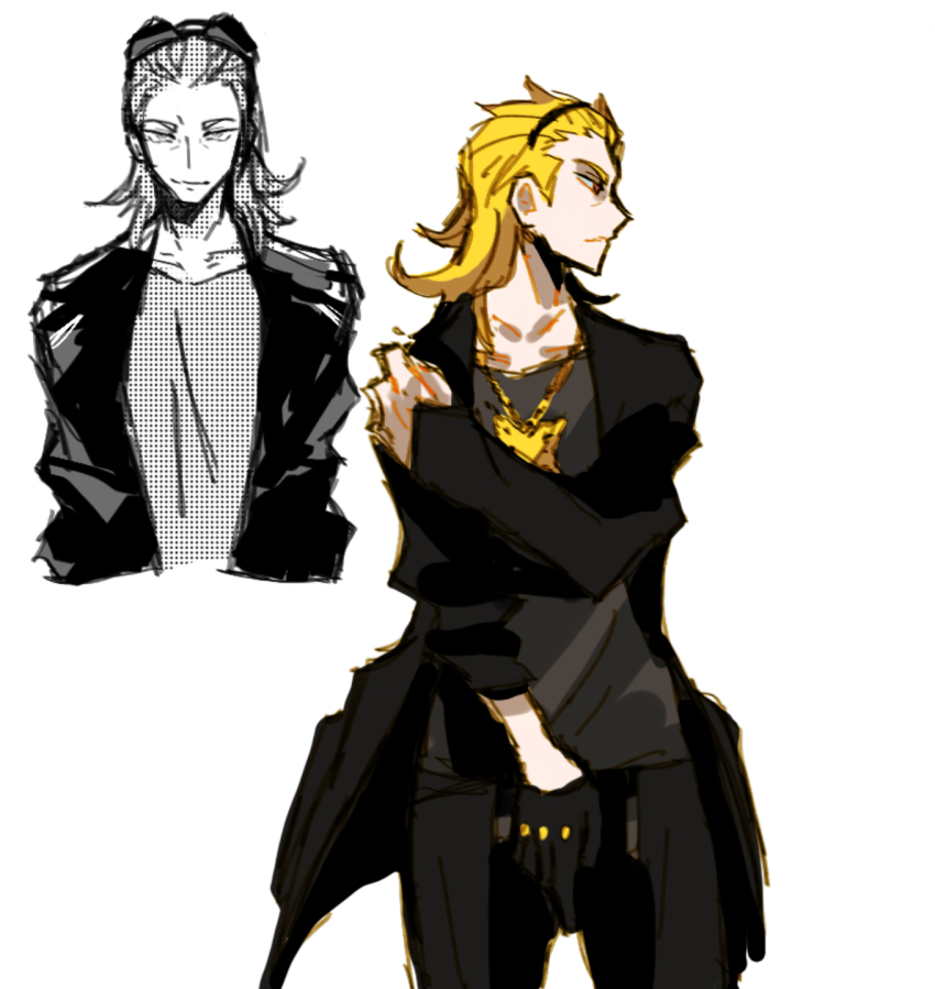1boy black_gloves black_jacket black_pants blonde_hair butterfly_necklace gloves grey_shirt hand_on_own_shoulder highres jacket looking_at_viewer looking_to_the_side male_focus medium_hair pants red_eyes shiba_(ntwewy) shin_subarashiki_kono_sekai shirt smile solo solo_focus subarashiki_kono_sekai