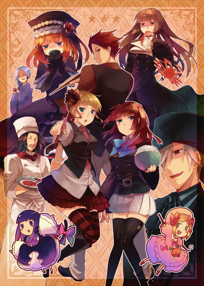 00s 07th_expansion 3boys 6+girls amakusa_juuza back beatrice_(umineko) black_thighhighs blonde_hair blue_eyes blue_hair blush brown_eyes brown_hair cat_tail chibi closed_eyes dress elbow_gloves eva_beatrice facial_hair flower food frederica_bernkastel frills gloves hair_bobbles hair_ornament hanokage hat heart highres hime_cut jacket lambdadelta long_hair monocle multiple_boys multiple_girls mustache necktie no_naku_koro_ni_(series) okaasan_to_issho one_eye_closed orange_eyes orange_hair pink_hat pink_necktie pumpkin purple_eyes red_hair ribbon ronove_(umineko) rose short_hair spoo striped_clothes striped_thighhighs sumadera_kasumi tail thighhighs twintails umineko_no_naku_koro_ni ushiromiya_ange ushiromiya_battler ushiromiya_rosa white_hair wink