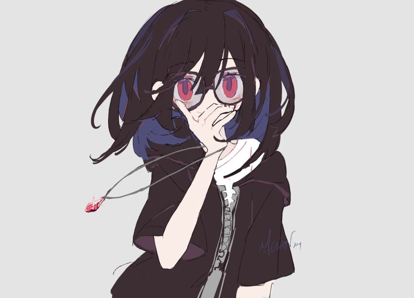 1girl arm_at_side artist_name black-framed_eyewear black_hair black_hoodie blue_hair blush commentary covering_own_mouth english_commentary fingernails floating_hair gem glasses grey_background hair_between_eyes hand_over_own_mouth holding holding_jewelry holding_necklace hood hood_down hoodie jewelry looking_at_viewer medium_hair melanbread necklace original red_eyes red_gemstone shirt short_sleeves sidelocks signature simple_background sketch smile solo two-tone unworn_jewelry unworn_necklace upper_body white_shirt zipper