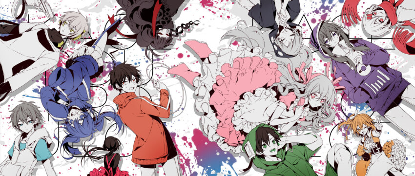 5boys 6+girls amamiya_hibiya asahina_hiyori azami_(kagerou_project) blue_hair blue_jacket dress ene_(kagerou_project) flat_color green_eyes green_jacket greyscale hair_ornament hair_rings hair_spread_out hairclip hood hoodie jacket kagerou_project kano_shuuya kido_tsubomi kisaragi_momo kisaragi_shintarou kokonose_haruka konoha_(kagerou_project) kozakura_marry limited_palette long_hair long_sleeves low_twintails monochrome multicolored_blood multiple_boys multiple_girls oral orange_hair pink_dress pink_eyes purple_hoodie red_eyes red_scarf ribbon sapphire_(nine) scarf seto_kousuke side_ponytail skirt tateyama_ayano twintails very_long_hair vest white_hair white_ribbon white_skirt white_vest