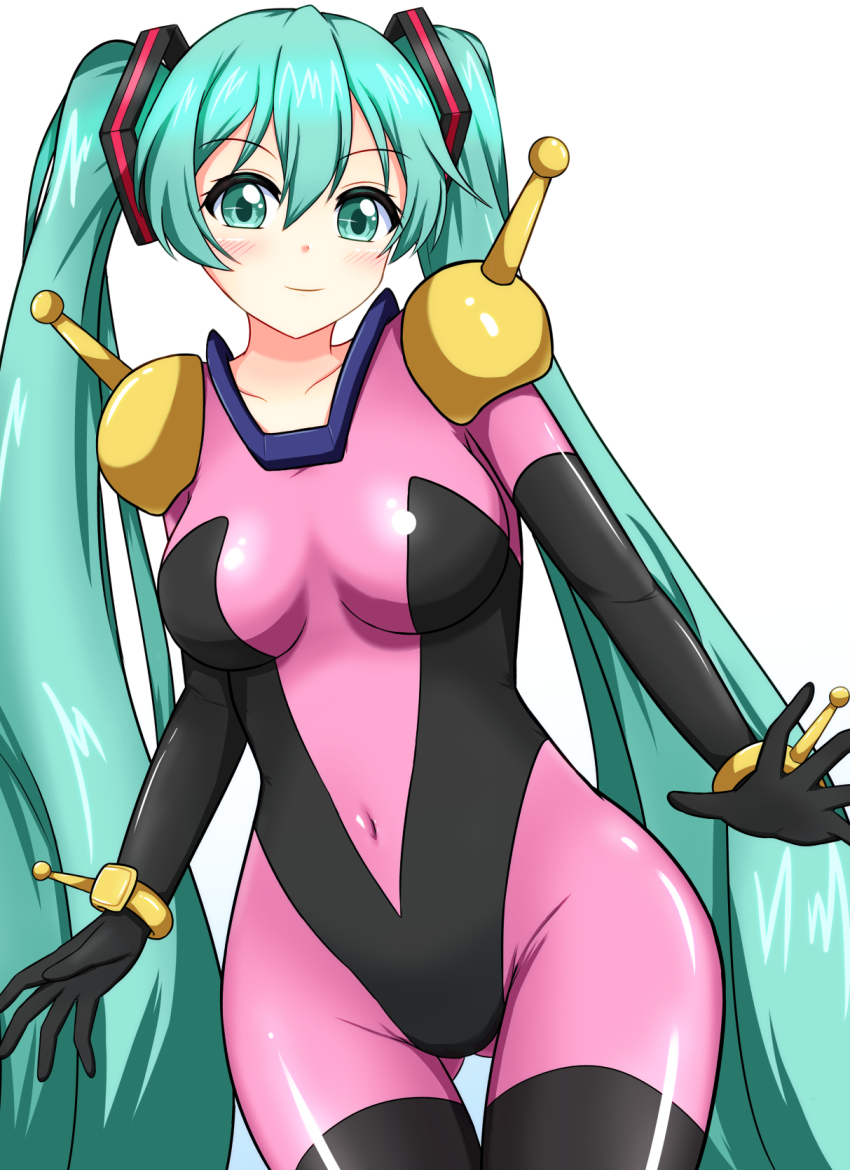 1girl aqua_hair blue_eyes bodysuit closed_mouth cosplay covered_navel hatsune_miku higetsu0815 long_hair looking_at_viewer mecha_pilot_suit mobile_trace_suit pink_bodysuit rain_mikamura_(cosplay) smile standing twintails white_background