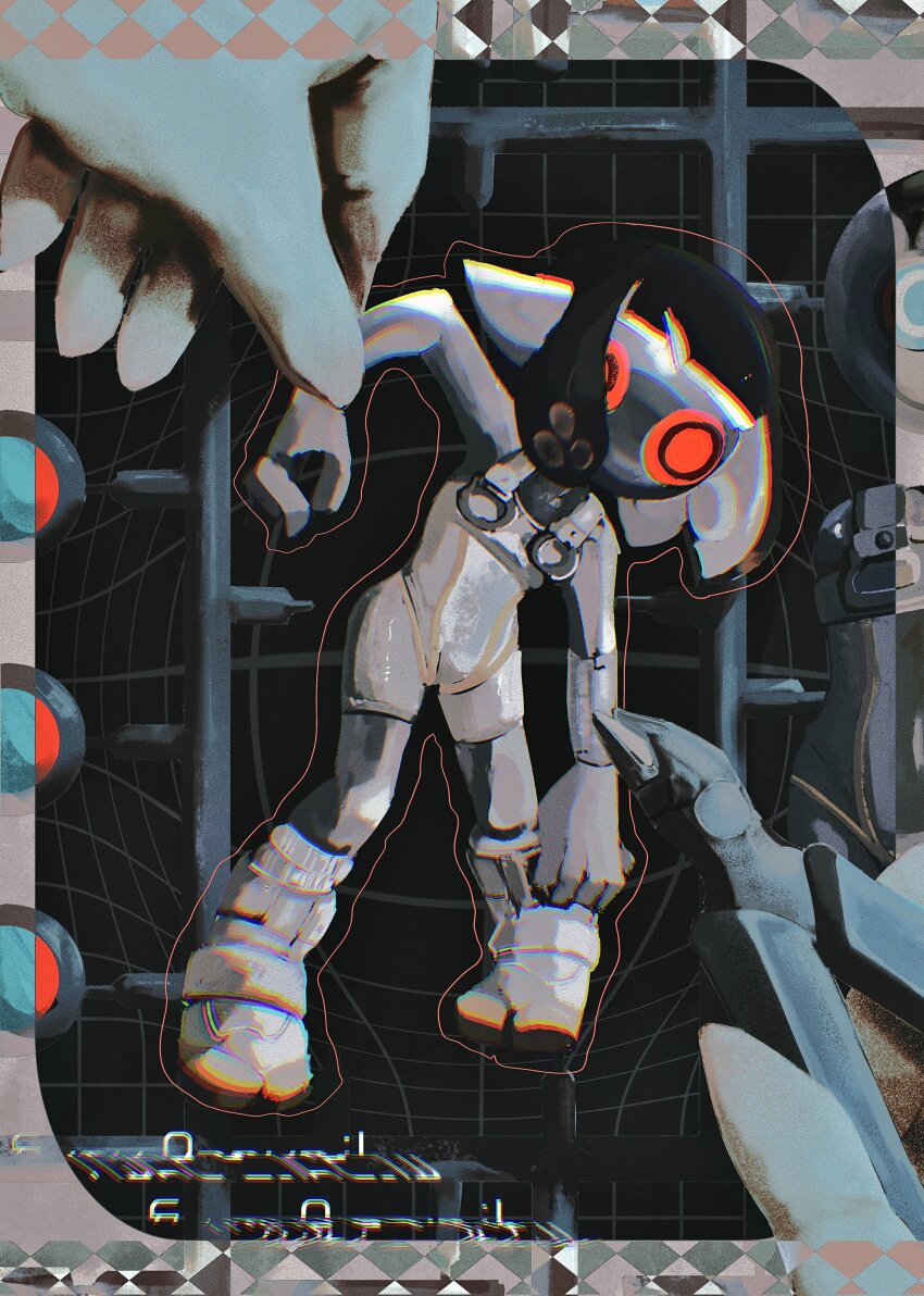 1girl absurdres black_background bodysuit border colored_skin full_body glitch grey_bodysuit grey_border grey_skin highres jelleton model_kit nintendo parallel_canon_(splatoon) red_eyes robot splatoon_(series) splatoon_3 splatoon_3:_side_order squid_girl standing tentacle_hair tentacles zicbx