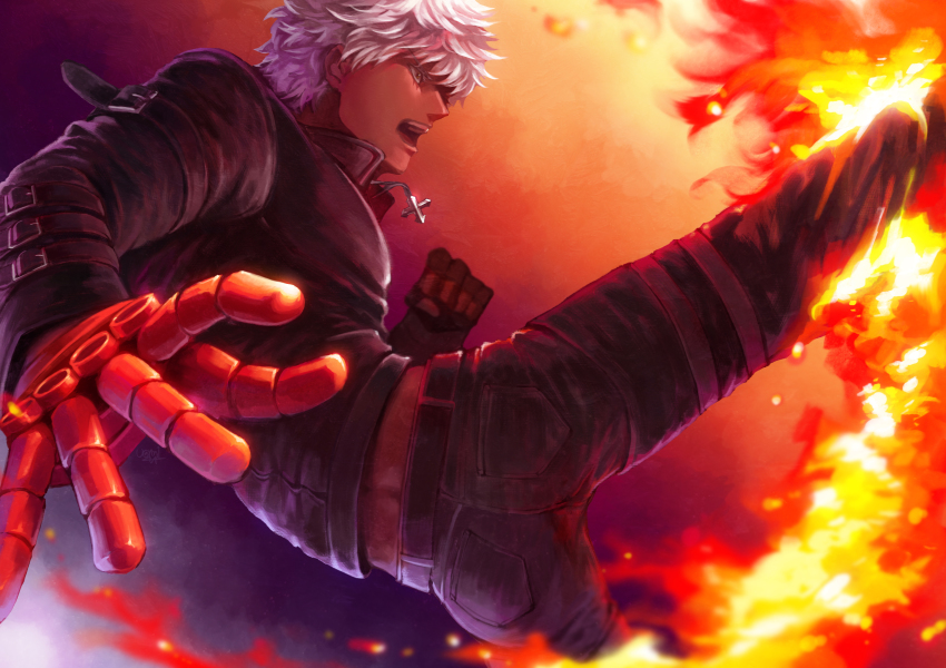 1boy absurdres biker_clothes clenched_hand crop_top cropped_jacket cross dark-skinned_male dark_skin fingerless_gloves fire food_fighter_441 glasses gloves highres jacket jewelry k&#039;_(kof) kicking male_focus necklace open_mouth pyrokinesis short_hair snk solo sunglasses the_king_of_fighters white_hair