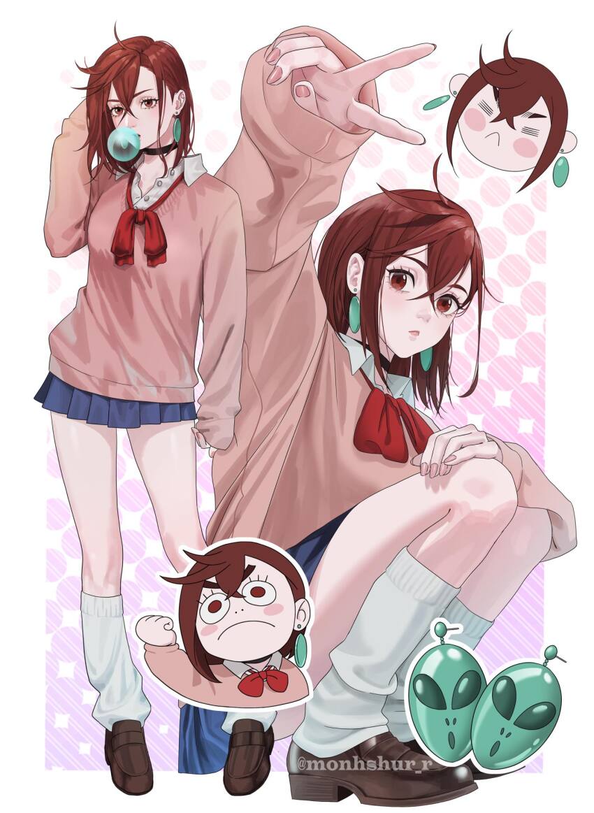 1girl :&lt; =_= ayase_momo black_choker blowing_bubbles blush_stickers breasts brown_eyes brown_hair brown_shoes choker commentary_request contrapposto dandadan dark_skin earrings facebook_username frown gyaru halftone halftone_background highres jewelry loafers loose_socks medium_breasts miniskirt mongolian_commentary monhshur_r pleated_skirt shoes skirt sleeves_past_wrists socks squatting