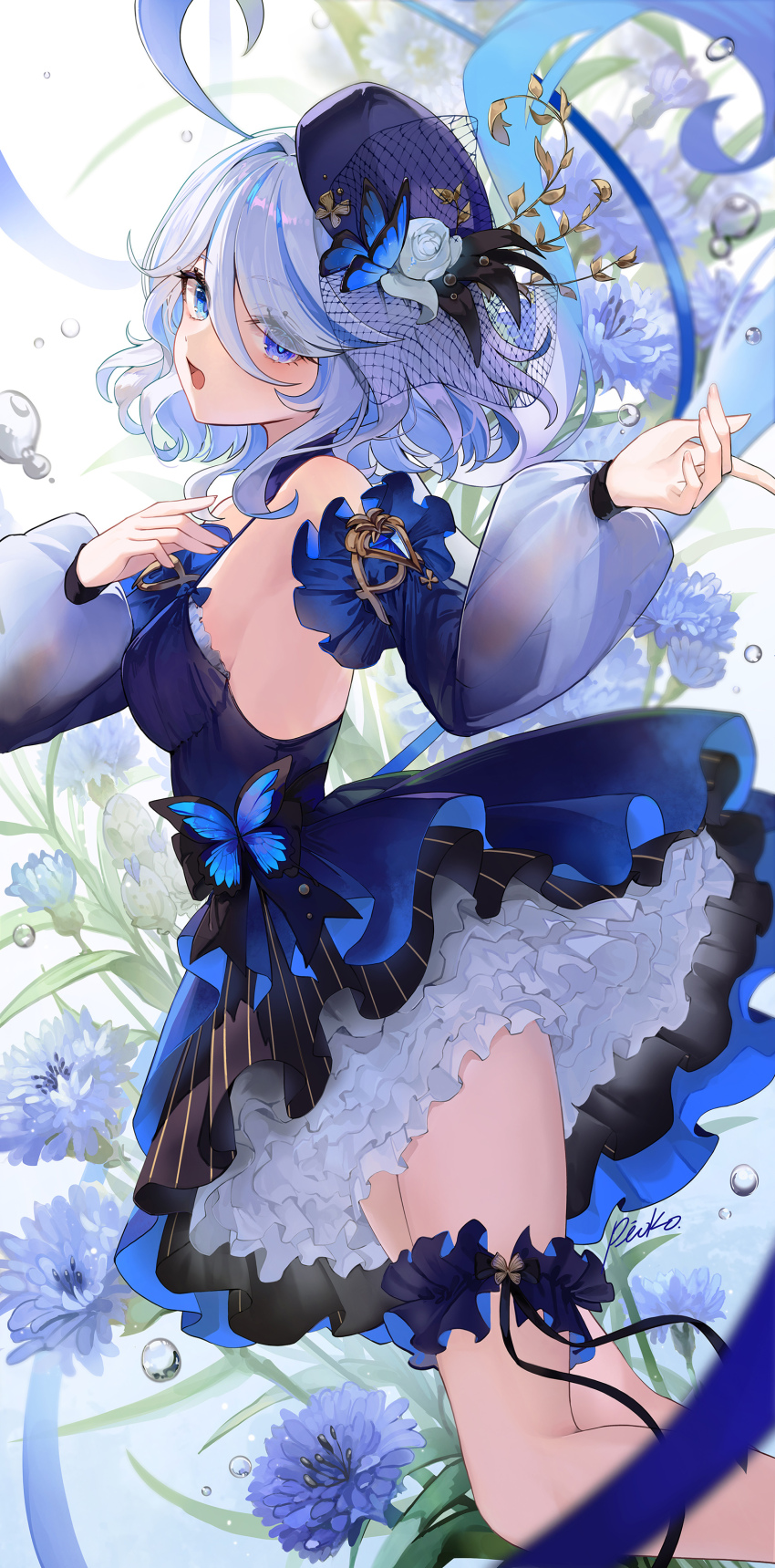 1girl absurdres alternate_costume artist_name blue_butterfly blue_dress blue_eyes blue_hair blue_hat blue_sleeves breasts bug butterfly detached_sleeves dress floral_background furina_(genshin_impact) genshin_impact hat heterochromia highres insect light_blue_hair long_hair long_sleeves medium_breasts open_mouth pioko puffy_long_sleeves puffy_sleeves sleeveless sleeveless_dress solo thigh_scrunchie wavy_hair white_background