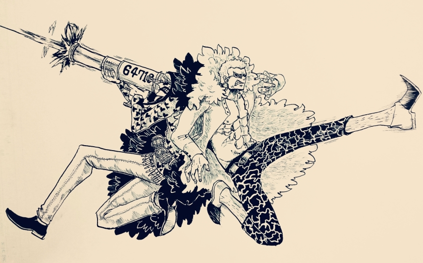 2boys abs angry artist_request bazooka brothers clenched_teeth donquixote_doflamingo donquixote_rocinante feather_trim full_body grin highres holding jumping kicking looking_to_the_side monochrome multiple_boys muscular one_piece pectorals siblings simple_background smile sunglasses teeth weapon