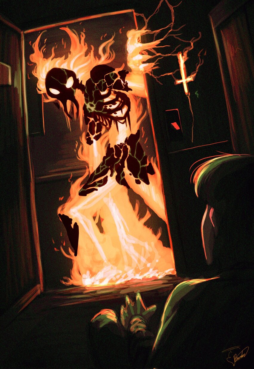 1other ben_10 bone door fire glowing heartblast highres looking_at_another looking_to_the_side mobzeroone monster ribs short_hair sitting standing
