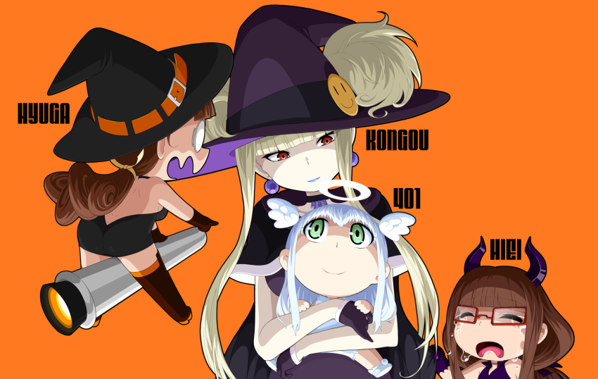 10s 4girls aoki_hagane_no_arpeggio bad_id bad_pixiv_id badge black_dress black_gloves blonde_hair blue_hair blue_lips boots breasts brown_eyes brown_gloves brown_hair brown_legwear button_badge cape cape_tug character_name chibi choker closed_mouth crying demon_horns dress earrings fang fang_out glasses gloves green_eyes halloween halloween_costume halo halterneck hat head_tilt hiei_(aoki_hagane_no_arpeggio) highres horns hug hug_from_behind hyuuga_(aoki_hagane_no_arpeggio) iona_(aoki_hagane_no_arpeggio) jewelry kamo_3 kongou_(aoki_hagane_no_arpeggio) lipstick long_hair looking_up low_ponytail makeup medium_breasts monocle multiple_girls orange_background pointing ponytail purple_gloves red-framed_eyewear short_twintails sidelocks simple_background sleeveless sleeveless_dress smile smiley_face strapless strapless_dress thigh_boots thighhighs twintails very_long_hair white_wings wings witch witch_hat |_|