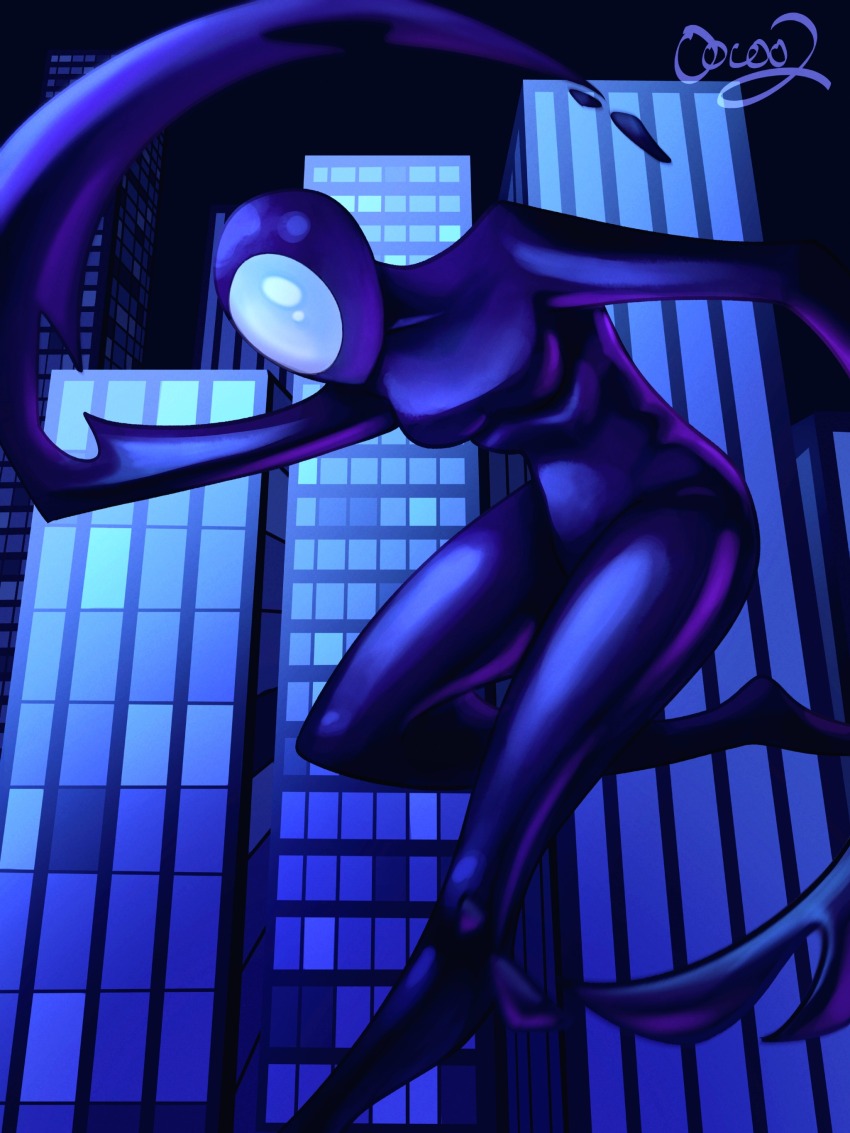 1girl absurdres arm_up artist_name bald batman_(series) batman_beyond black_skin breasts building city colored_skin completely_nude dc_comics dcau dripping faceless faceless_female foot_out_of_frame foot_up full_body groin highres inque jumping knee_up leaning leaning_forward looking_down medium_breasts monster_girl night night_sky no_ears no_eyes no_mouth no_nipples no_nose nude oocooartistry ribs shapeshifter signature sky skyscraper slime_(substance) slime_girl tentacle_arm tentacles thighs window