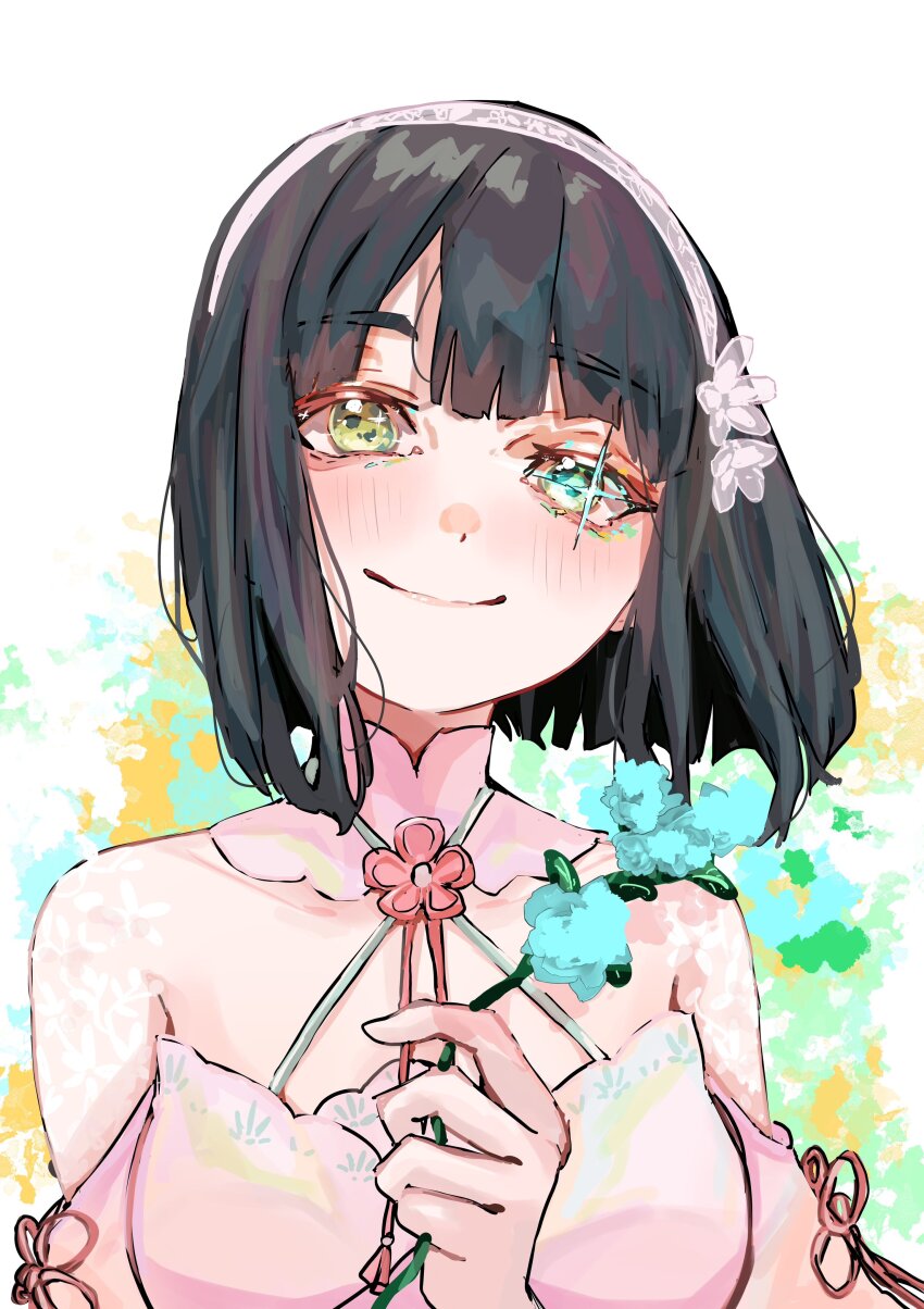 1girl absurdres aoku_haruka/flower black_hair blue_background blue_flower blunt_bangs blunt_ends breasts commentary dress flower flower_knot green_background green_eyes halter_dress halterneck head_tilt highres holding holding_flower jin_(oihlf) link!_like!_love_live! love_live! medium_breasts momose_ginko multicolored_background official_alternate_costume short_hair solo upper_body virtual_youtuber white_background white_dress yellow_background