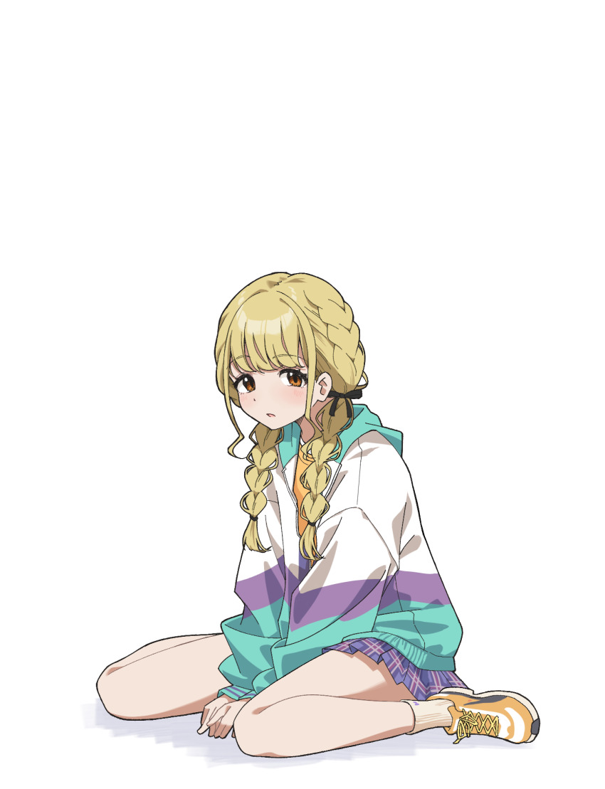 1girl :o arms_between_legs bare_legs black_bow blonde_hair blue_skirt blush bow braid chipushishi french_braided_twintails fujita_kotone full_body gakuen_idolmaster hair_bow highres hood hooded_jacket idolmaster jacket looking_at_viewer multicolored_jacket plaid_clothes plaid_skirt pleated_skirt shoes simple_background sitting skirt sneakers solo twin_braids wariza white_background yellow_eyes yellow_shoes