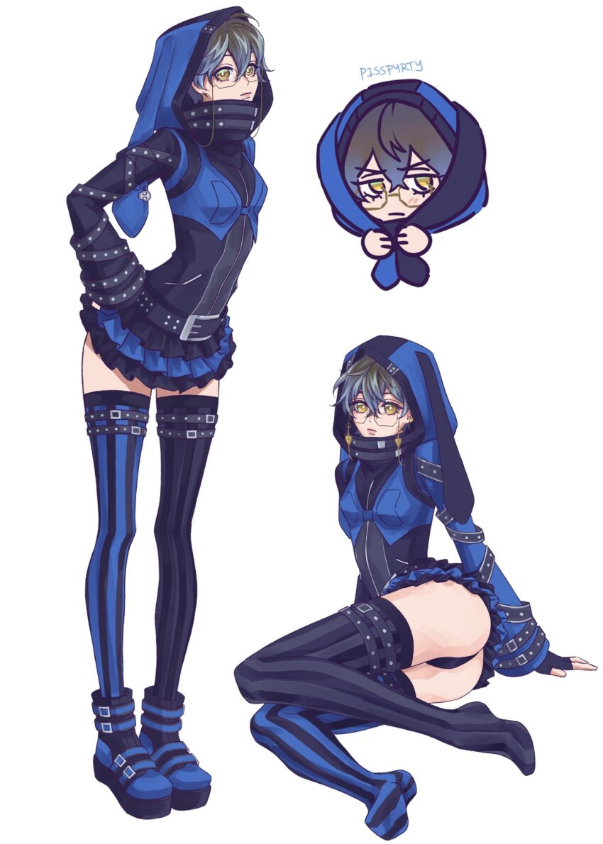 1boy animal_hood artist_name ass asymmetrical_legwear black_thighhighs blue_hair blue_skirt blue_thighhighs boots closed_mouth cosplay crossdressing earrings effole_(fairy_fencer_f) effole_(fairy_fencer_f)_(cosplay) eyewear_strap fairy_fencer_f full_body glasses gradient_hair green_hair hair_between_eyes hand_on_own_hip high_collar highres hood hood_up jewelry layered_skirt long_sleeves looking_at_viewer microskirt multicolored_hair multicolored_thighhighs multiple_views nijisanji nijisanji_en p1ssp4rty panties rabbit_hood simple_background sitting skirt standing striped_clothes striped_thighhighs thighhighs tiered_skirt underwear vertical-striped_clothes vertical-striped_thighhighs virtual_youtuber white_background yellow_eyes zettai_ryouiki