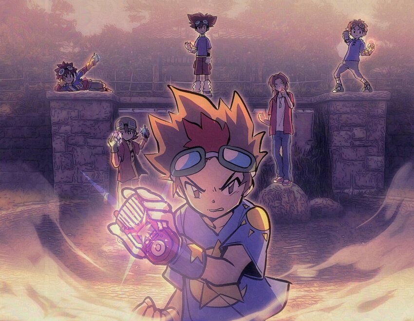 6+boys brown_hair clenched_hand d-3_(digimon) d-scanner daimon_masaru_(digimon_savers) digimon digimon_adventure digimon_adventure_02 digimon_frontier digimon_savers digimon_tamers digimon_xros_wars digimon_xros_wars:_toki_wo_kakeru_shounen_hunter-tachi digivice highres holding in-franchise_crossover kanbara_takuya matsuda_takato motomiya_daisuke multicolored_hair multiple_boys oh_sorry_01 red_hair short_hair solo_focus two-tone_hair yagami_taichi