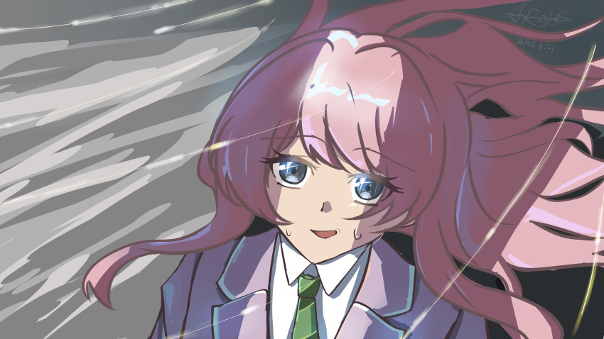 1755328969 1girl absurdres bang_dream! bang_dream!_it&#039;s_mygo!!!!! blazer chihaya_anon chinese_commentary collared_shirt commentary_request dated green_necktie grey_eyes grey_jacket haneoka_school_uniform highres jacket long_hair necktie nervous_smile nervous_sweating open_mouth pink_hair school_uniform shirt signature smile solo sweat sweatdrop upper_body white_shirt wind