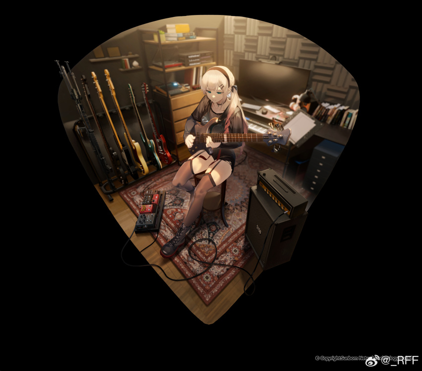 1girl acoustic_foam amplifier aqua_eyes bass_guitar black_background black_choker black_garter_straps black_hairband black_shoes black_thighhighs bra_visible_through_clothes chinese_commentary choker closed_mouth commentary_request company_name computer_keyboard computer_mouse copyright_notice effects_pedal electric_bass_guitar expressionless full_body garter_straps girls&#039;_frontline grey_hair guitar hairband headphones highres holding holding_bass_guitar holding_instrument indoors instrument keyboard_(instrument) long_hair long_sleeves lwmmg_(cozy_root_note)_(girls&#039;_frontline) lwmmg_(girls&#039;_frontline) monitor music official_alternate_costume official_art pedal_board playing_bass_guitar playing_instrument rff_(3_percent) shoes sitting solo speaker thighhighs thighs watermark weibo_watermark