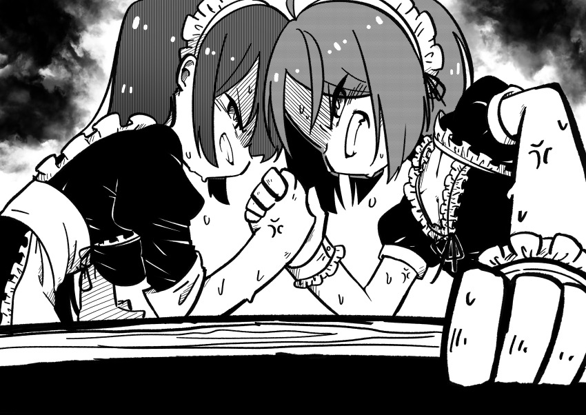 2girls absurdres anger_vein angry apron arm_wrestling assault_lily black_background breasts cleavage collarbone commentary_request confrontation dress elbow_on_table eye_contact face-to-face frilled_apron frilled_dress frills from_side funada_kiito gradient_background greyscale grin half-closed_eyes hand_on_table heads_together highres holding_hands kawamura_yuzuriha leaning_forward long_hair looking_at_another maid maid_headdress monochrome multiple_girls neck_ribbon parted_lips profile puffy_short_sleeves puffy_sleeves ribbon shaded_face short_hair short_sleeves sleeves_pushed_up smile sweat table teisuu upper_body v-shaped_eyebrows waist_apron white_background wrist_cuffs