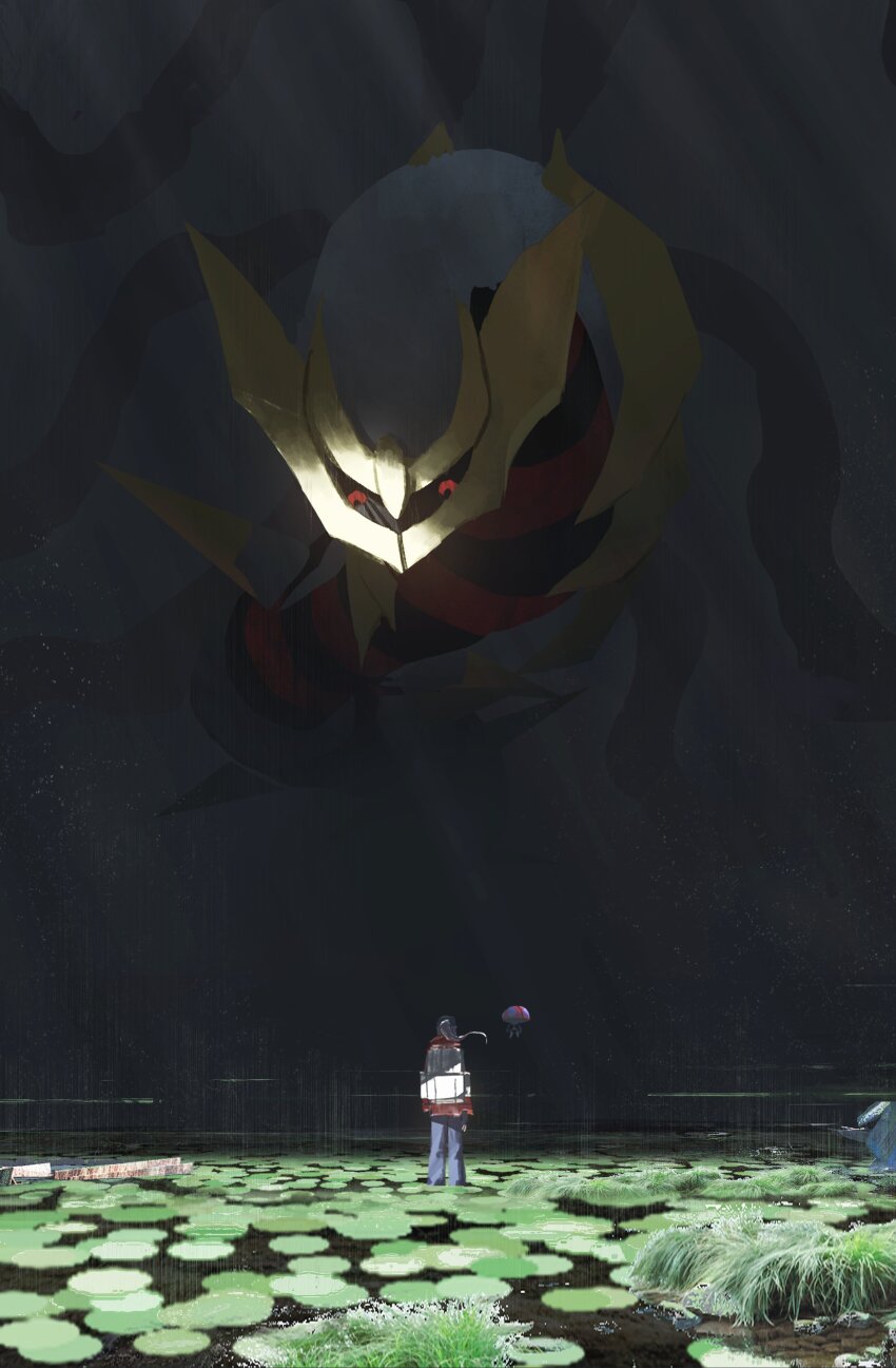 1other absurdres asteroid_ill backpack bag baseball_cap black_sclera blonde_hair blue_pants colored_sclera dragon gen_4_pokemon gen_8_pokemon giratina glowing glowing_eyes hat highres jacket legendary_pokemon lily_pad nintendo orbeetle pants pokemon pokemon_(creature) pond red_jacket spikes water