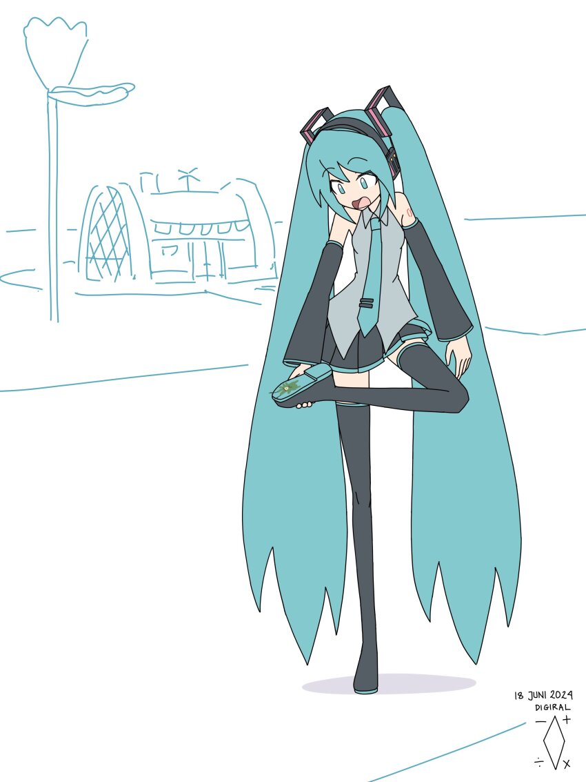 1girl absurdres aqua_eyes aqua_hair aqua_necktie artist_logo artist_name black_boots black_skirt black_sleeves boots collared_shirt commentary d: dated detached_sleeves digiral english_commentary full_body grey_shirt hair_ornament hatsune_miku headphones highres holding_own_foot krusty_krab leg_up logo long_hair long_sleeves looking_at_another looking_down miniskirt necktie number_tattoo open_mouth plankton_(spongebob) pleated_skirt shirt shoulder_tattoo sidelocks skirt sleeveless sleeveless_shirt solo spongebob_squarepants_(series) standing standing_on_one_leg tattoo thigh_boots twintails very_long_hair vocaloid white_background wide_sleeves