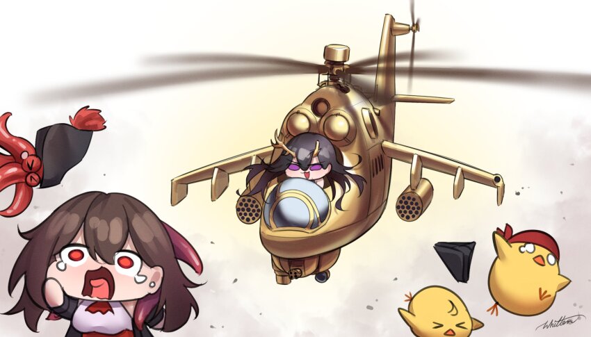 2girls aircraft antlers attack_helicopter azur_lane black_hair brown_hair crying crying_aqua_(meme) golden_hind_(azur_lane) hat helicopter helicopter_tail highres horns manjuu_(azur_lane) meme mi-24 military_vehicle multiple_girls name_connection object_namesake octopus pun purple_eyes red_eyes royal_fortune_(azur_lane) too_literal whitter