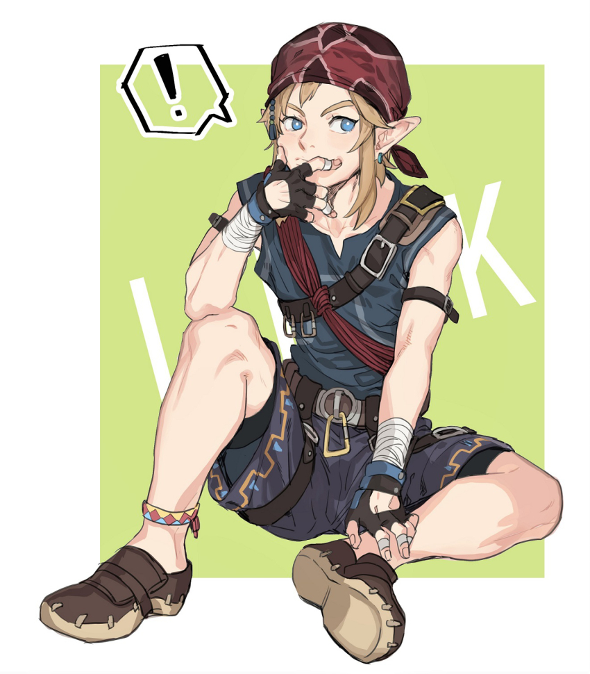 ! 1boy bandana belt blue_eyes blue_pants border brown_belt brown_shoes character_name collarbone fingerless_gloves gloves gyou_chin highres link male_focus nintendo pants pointy_ears ponytail red_bandana shoes shorts sitting speech_bubble spoken_exclamation_mark the_legend_of_zelda the_legend_of_zelda:_breath_of_the_wild thinking white_border