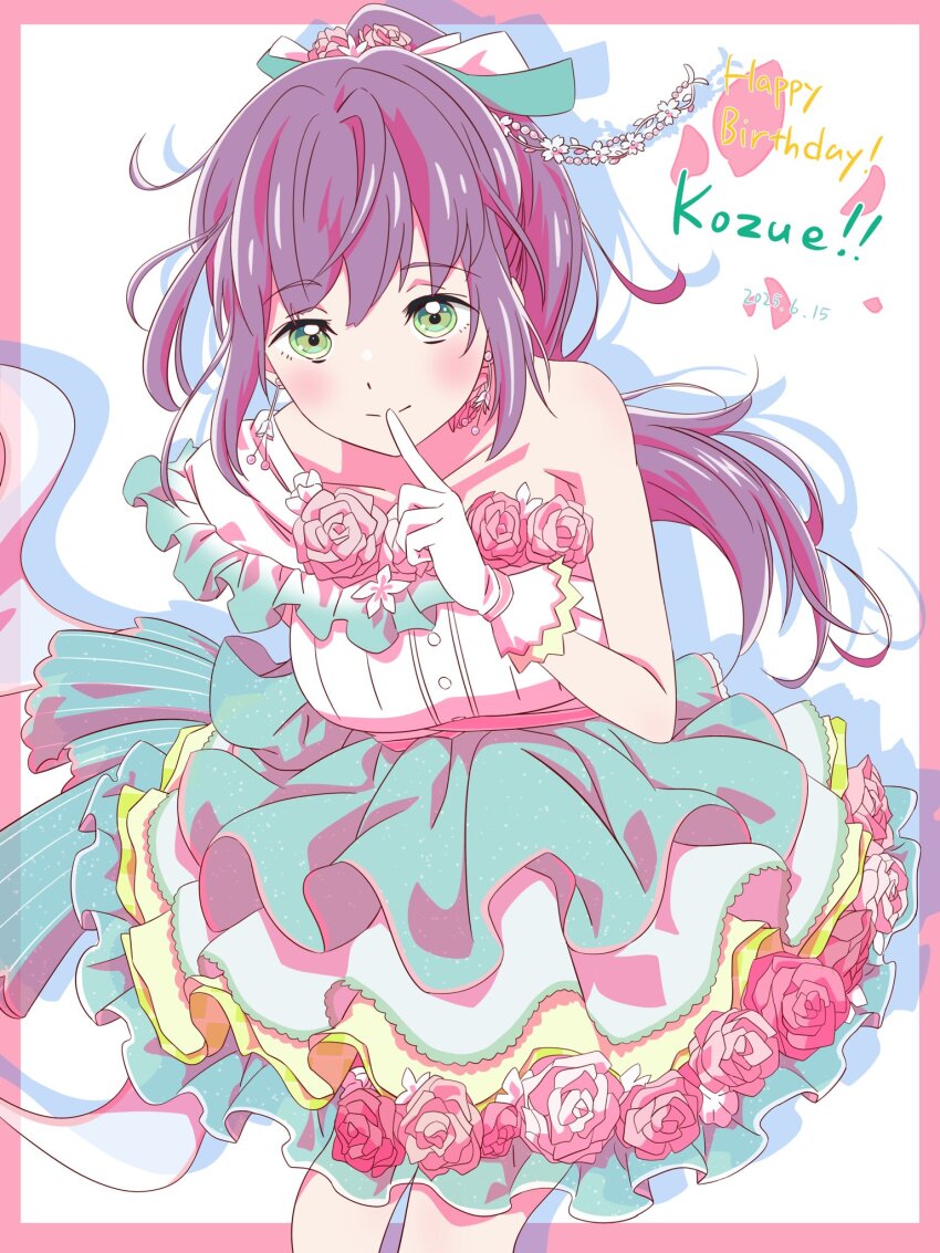 1girl blush collarbone commentary_request dated dress drop_shadow finger_to_mouth flower flower-trimmed_dress frilled_dress frills gloves green_eyes hair_ornament happy_birthday highres link!_like!_love_live! long_hair looking_at_viewer love_live! myrain56991013 official_alternate_costume otomune_kozue pink_background pink_flower pink_rose ponytail purple_hair ribbon rose sidelocks single-shoulder_dress single_bare_shoulder smile solo white_background white_gloves yume_wazurai