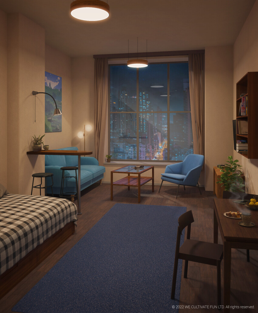 2022 3d artist_name bed blue_carpet book book_stack bookshelf bowl carpet ceiling ceiling_light cityscape couch cup food highres indoors interior living_room no_humans original plant plate potted_plant scenery smoke smoke_trail surafin table wall wall_lamp window wooden_chair wooden_table