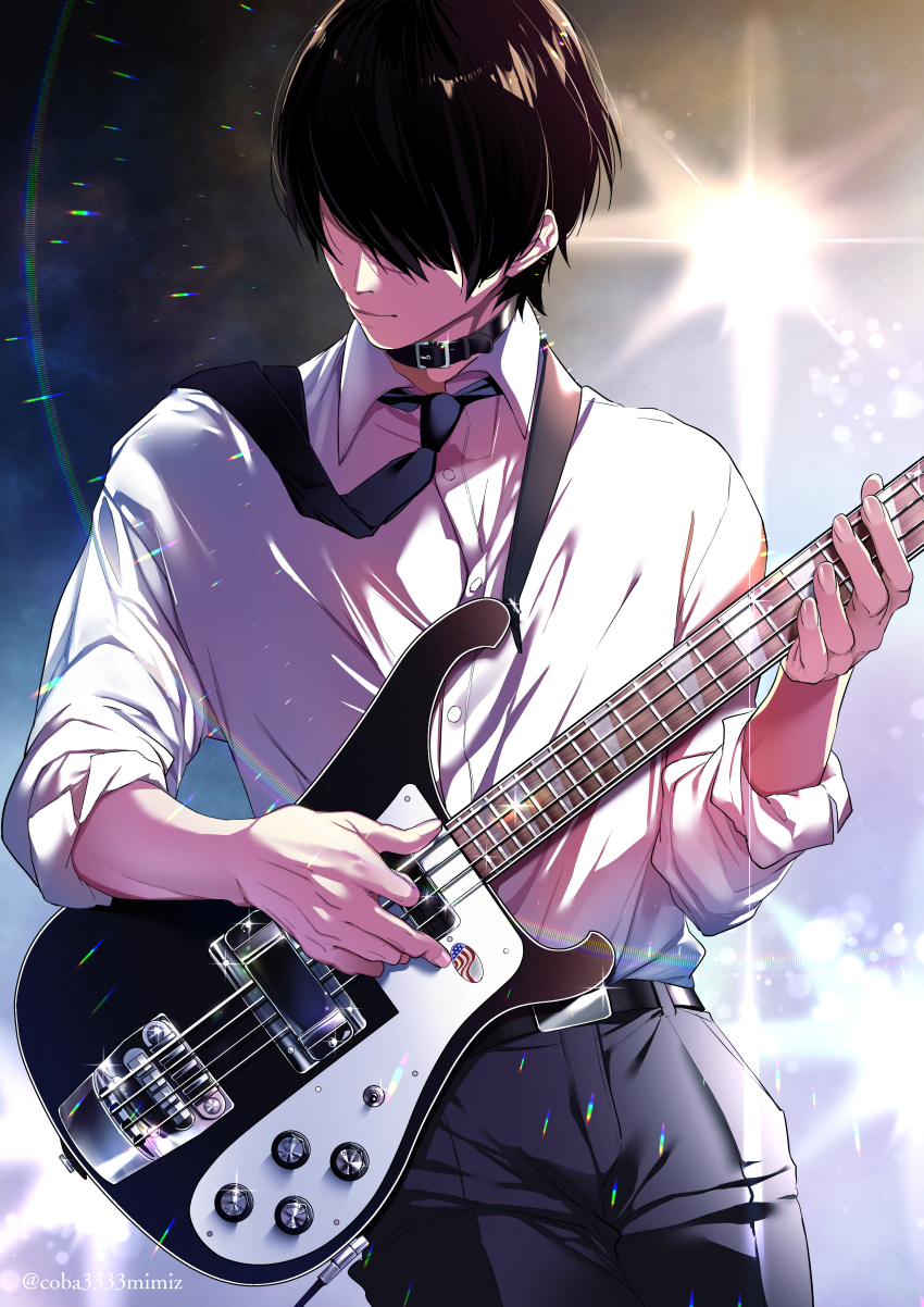 1boy absurdres bass_guitar belt belt_collar black_hair black_necktie black_pants cable closed_mouth cobacomimiz33 collar commentary_request covered_eyes cowboy_shot dress_shirt bass_guitar guitar_strap highres holding holding_bass_guitar holding_instrument hozumi_natsuki_(cobacomimiz33) instrument lens_flare male_focus necktie necktie_over_shoulder original outdoors pants rickenbacker_4003 salaryman shirt shirt_tucked_in short_hair solo twitter_username white_shirt