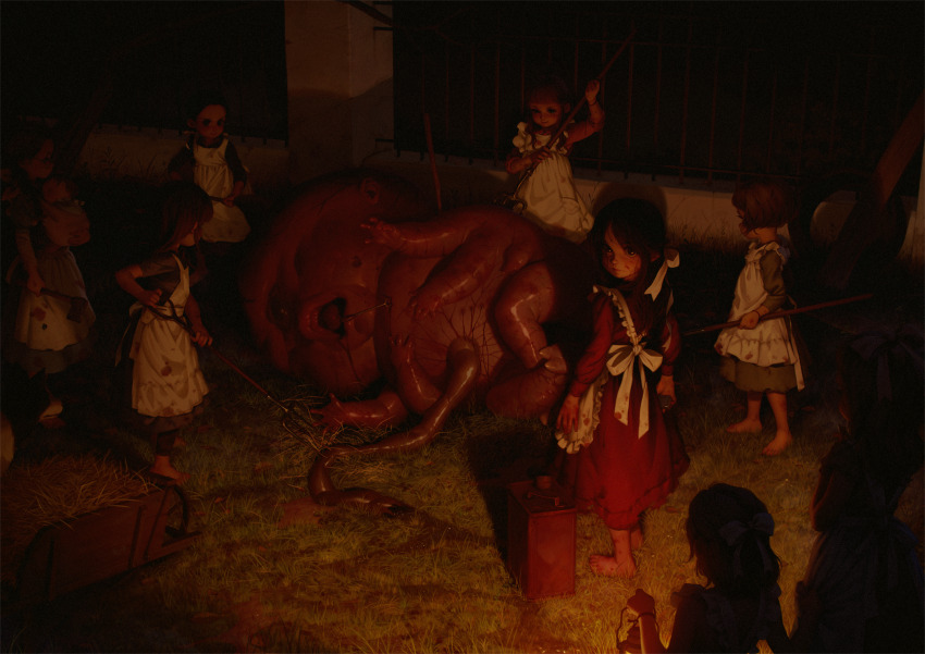 6+girls alkemanubis apron barefoot blood blood_on_clothes blood_on_face bob_cut commentary dark dress english_commentary fence fetus grass hair_ribbon hay highres holding holding_pitchfork horror_(theme) lantern long_hair long_sleeves looking_at_viewer monster multiple_girls night open_mouth original outdoors pitchfork ribbon short_hair umbilical_cord wheelbarrow white_apron