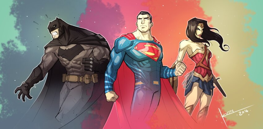 1girl 2boys abs absurdres batman batman_(series) belt_pouch black_cape black_gloves black_hair blue_skirt bodysuit cape circlet commentary commission cowboy_shot dc_comics eye_mask gloves grey_bodysuit highres holding holding_sword holding_weapon kevin_shah long_hair multiple_boys muscular muscular_male pouch red_cape short_hair skirt superhero_costume superman superman_(series) sword weapon wonder_woman wonder_woman_(series)