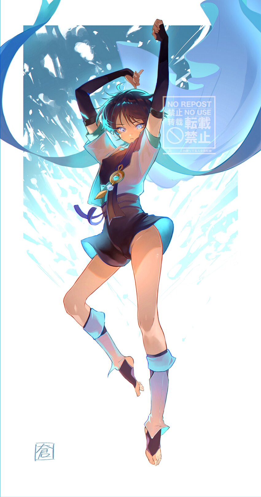 1boy absurdres anemo_symbol_(genshin_impact) aqua_cape aqua_hair aqua_kimono aqua_sleeves arms_up belt black_bodysuit black_bridal_gauntlets black_hair black_leggings black_shorts blue_gemstone blue_shorts bodysuit bridal_gauntlets bulge cape clenched_hand covered_erect_nipples crotch eyelashes feathers fingerless_gloves floating full_body gem genshin_impact gloves glowing glowing_eyes glowing_markings grey_belt highres japanese_clothes juban kimono layered_sleeves leg_warmers leggings levitation male_focus multicolored_hair nero_hanken open_clothes open_kimono open_mouth pom_pom_(clothes) purple_eyes purple_rope purple_sash rope sash scaramouche_(genshin_impact) short_sleeves shorts shoulder_peek solo stirrup_legwear streaked_hair toeless_legwear toenails toes two-sided_shorts vision_(genshin_impact) wanderer_(genshin_impact) watermark white_kimono white_leg_warmers white_sleeves wispy_bangs yellow_feathers