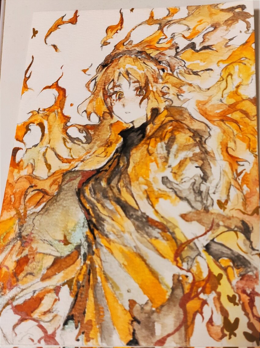1girl ardor_blossom_star_(e.g.o) black_dress black_gloves closed_mouth dress e.g.o_(project_moon) fiery_hair floating_hair gloves heinrich_(fernanderuddle) highres hood hood_down hooded_jacket ishmael_(project_moon) jacket limbus_company long_hair long_sleeves looking_at_viewer orange_eyes orange_hair orange_jacket project_moon solo traditional_media very_long_hair