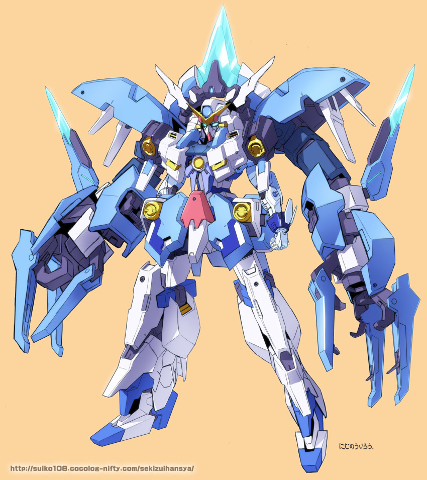 bad_id bad_twitter_id blue_eyes full_body gundam highres looking_ahead mecha mecha_request mobile_suit no_humans orange_background robot science_fiction solo standing v-fin yanagi_joe