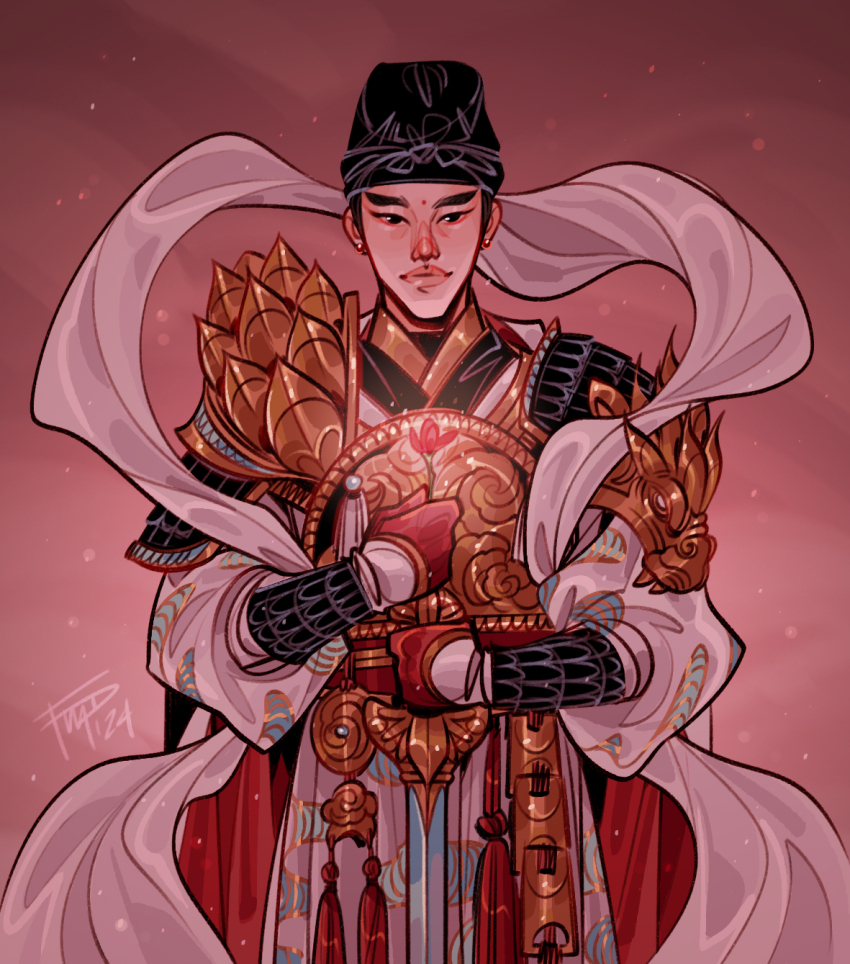 1boy abstract_background armor belt black_eyes black_hair black_hat bracer cape chinese_armor chinese_clothes closed_mouth commentary cowboy_shot earrings english_commentary eyeliner facial_mark flower fmd forehead_mark gloves glowing_flower hanfu hat highres holding holding_flower holding_weapon jewelry looking_at_viewer makeup male_focus ornate_armor ornate_clothes patterned_clothing pauldrons prince red_background red_belt red_eyeliner red_flower shoulder_armor signature smile solo standing tianguan_cifu weapon white_hanfu xie_lian xie_lian_(flower_crowned_martial_god)