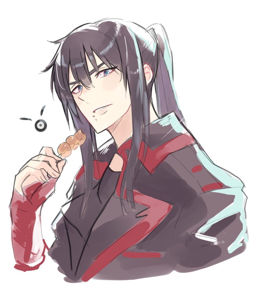 1boy black_coat black_hair black_order_uniform black_shirt blue_eyes coat collared_coat creature d.gray-man dango eating food george_man golem_(d.gray-man) hair_between_eyes high_ponytail highres holding holding_food kanda_yuu long_hair looking_at_viewer ponytail red_stripes red_wrist_cuffs shirt sidelocks solo striped_coat wagashi white_background wings wrist_cuffs