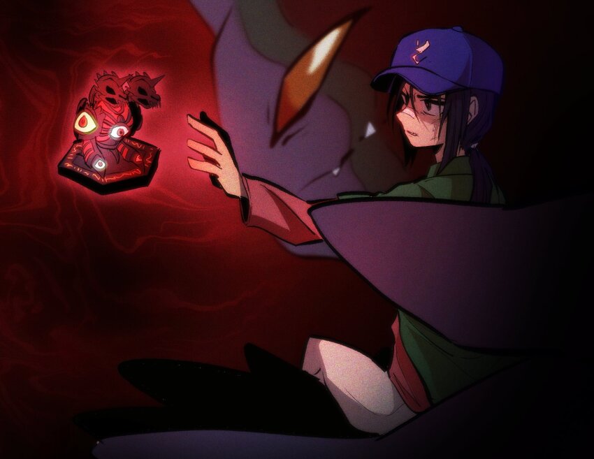 2boys black_hair blue_hat cherubimon cherubimon_(vice) digimon digimon_frontier duskmon green_jacket hat highres jacket kimura_kouichi legendary_spirit_(digimon) long_hair male_focus multiple_boys oh_sorry_01 ponytail reaching