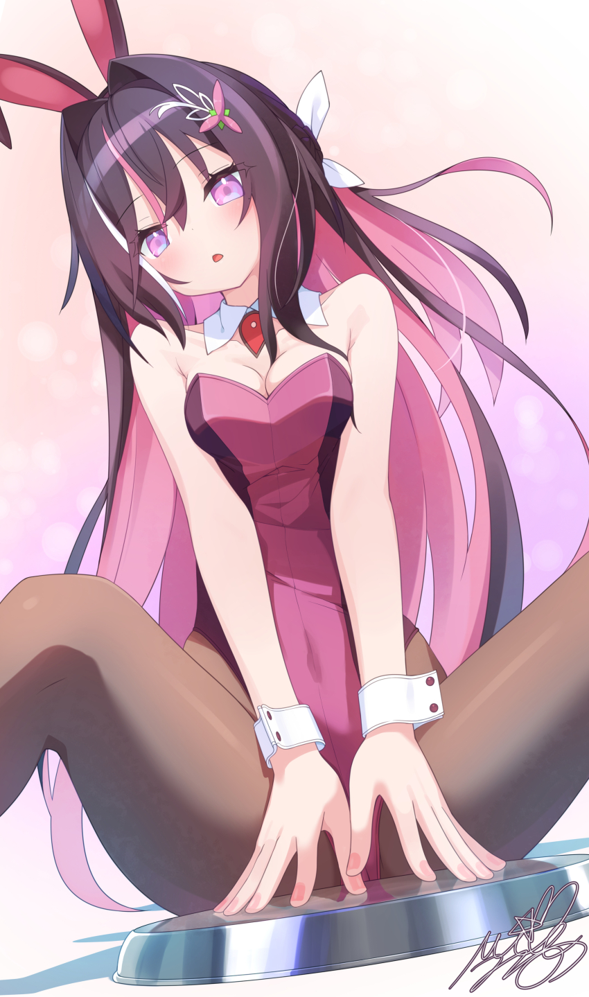 1girl absurdres alternate_costume animal_ears azki_(hololive) bare_arms bare_shoulders black_pantyhose blurry blush bokeh braid breasts brown_hair brown_pantyhose colored_inner_hair commentary covered_navel depth_of_field detached_collar feet_out_of_frame gradient_background hair_intakes hair_ornament hairclip half_up_braid highleg highleg_leotard highres hololive leotard long_hair looking_at_viewer medium_breasts mille mole mole_under_eye multicolored_hair multicolored_leotard pantyhose parted_lips pink_background pink_hair pink_leotard pink_streaks playboy_bunny purple_eyes rabbit_ears signature solo spread_legs triangle_mouth two-tone_leotard very_long_hair virtual_youtuber white_streaks wing_collar
