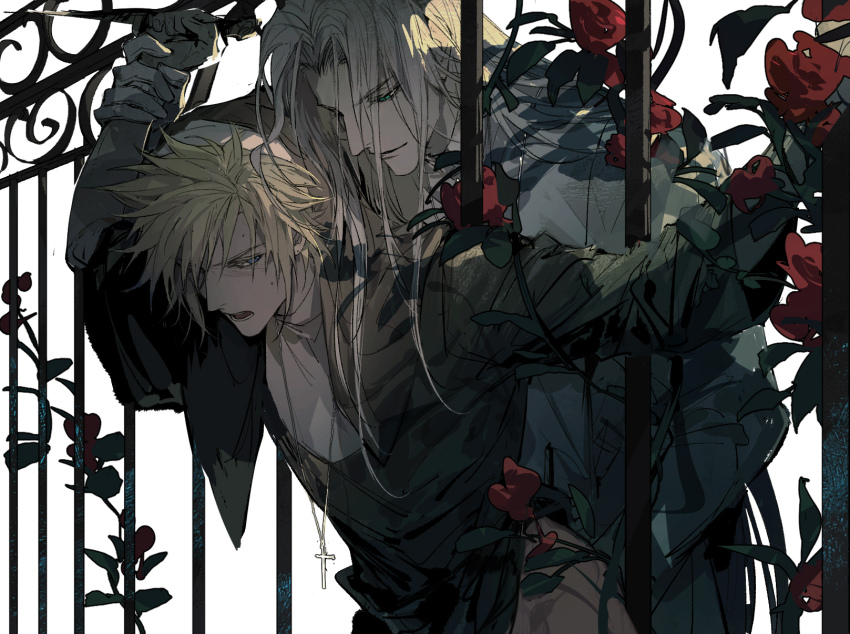 2boys alternate_universe blonde_hair blouse cloud_strife collared_shirt cross cross_necklace evening fence final_fantasy final_fantasy_vii flower foliage highres holding_another&#039;s_wrist iron_fence jewelry long_hair messy_hair multiple_boys necklace night nun red_flower red_rose rose rose_bush sephiroth shirt short_hair smirk spiked_hair sweat white_hair white_shirt xiandao1213 yaoi