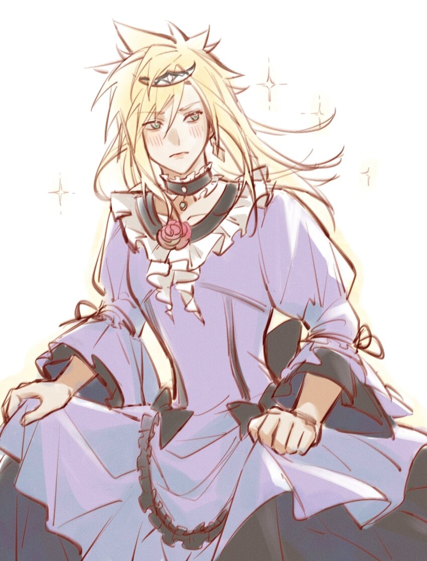 1boy back_bow black_bow black_choker black_ribbon blonde_hair blue_eyes blush bow choker cloud_strife cloud_strife_(ball_gown) crossdressing dress earrings final_fantasy final_fantasy_vii flower furrowed_brow hao_xiang_yishui_bu_xing highres holding holding_unworn_clothes holding_unworn_dress jewelry juliet_sleeves lace lace_choker lace_trim long_dress long_hair long_sleeves male_focus messy_hair pink_lips puffy_sleeves purple_dress red_flower red_rose ribbon rose skirt_hold solo_focus sparkle spiked_hair tiara