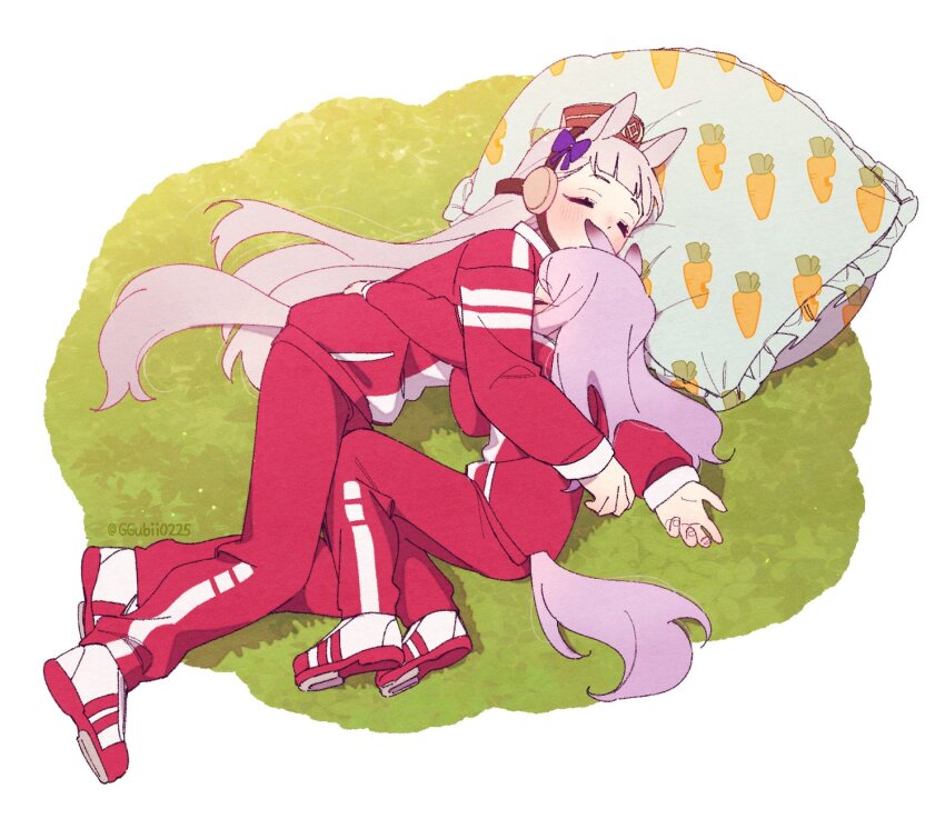 2girls animal_ears bow brown_headwear commentary_request ear_ribbon ggubii0225 gold_ship_(umamusume) grey_hair gym_uniform highres horse_ears horse_girl horse_tail horseshoe_ornament jacket korean_commentary long_hair lying mejiro_mcqueen_(umamusume) multiple_girls on_side pants pillbox_hat pillow red_jacket red_pants red_track_suit sleeping tail tracen_training_uniform track_jacket track_pants track_suit twitter_username umamusume umamusume_(anime) yogibo