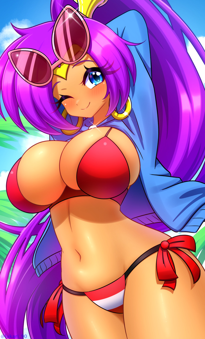 1girl ;) absurdres arm_behind_head bikini blue_eyes blue_jacket blue_sky breasts closed_mouth commentary cowboy_shot day eyewear_on_head glint highres jacket large_breasts long_hair long_sleeves looking_at_viewer lukari navel one_eye_closed open_clothes open_jacket pink-framed_eyewear ponytail purple_hair red-tinted_eyewear red_bikini shantae shantae_(series) side-tie_bikini_bottom sky smile solo standing stomach sunglasses swimsuit tinted_eyewear very_long_hair