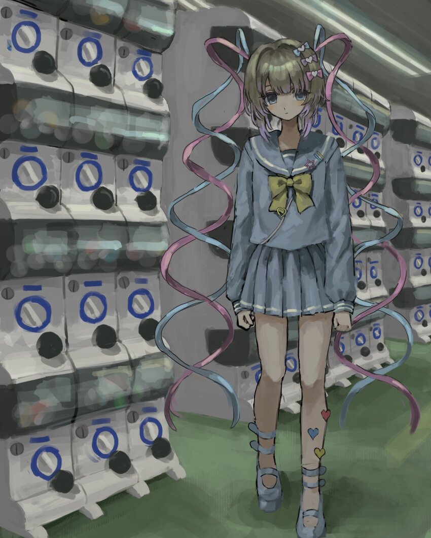 1girl blonde_hair blue_ribbon blue_sailor_collar blue_serafuku blue_shirt blue_skirt bow chouzetsusaikawa_tenshi-chan gashapon highres indoors konsan268 looking_at_viewer needy_girl_overdose pink_ribbon pleated_skirt quad_tails ribbon sailor_collar school_uniform serafuku shirt skirt solo standing twintails yellow_bow