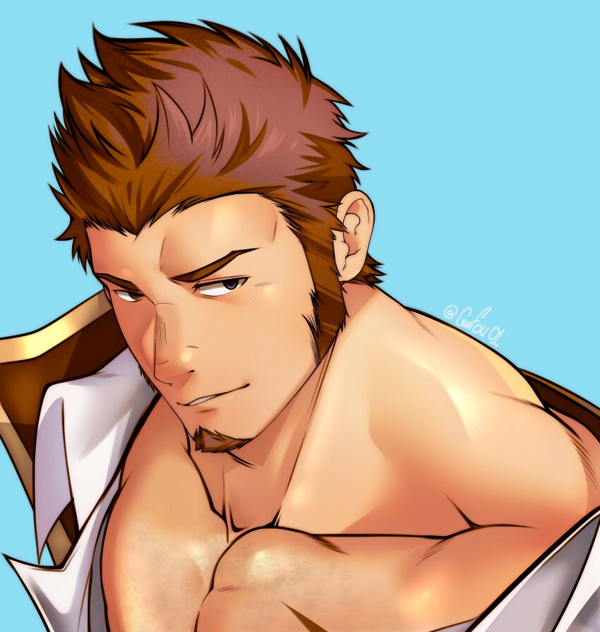 1boy absurdres bara blue_eyes brown_hair facial_hair fate/grand_order fate_(series) from_above gafou01 goatee highres large_pectorals long_sideburns looking_at_viewer male_focus mature_male muscular muscular_male napoleon_bonaparte_(fate) off_shoulder open_clothes pectoral_cleavage pectorals seductive_smile short_hair sideburns simple_background smile solo thick_eyebrows tsurime
