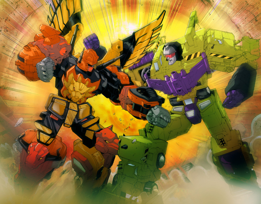 2boys andrew_griffith clenched_hands decepticon devastator_(transformers) dust fighting mecha motion_blur multiple_boys no_humans open_mouth predaking_(transformers) robot science_fiction super_robot transformers visor